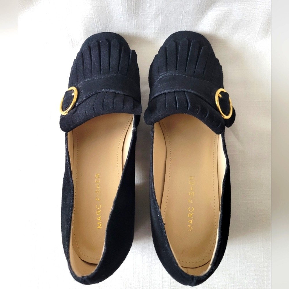Mark Fisher Black Suede Block Heel & Fringe Loafer size 6 - Picture 13 of 15